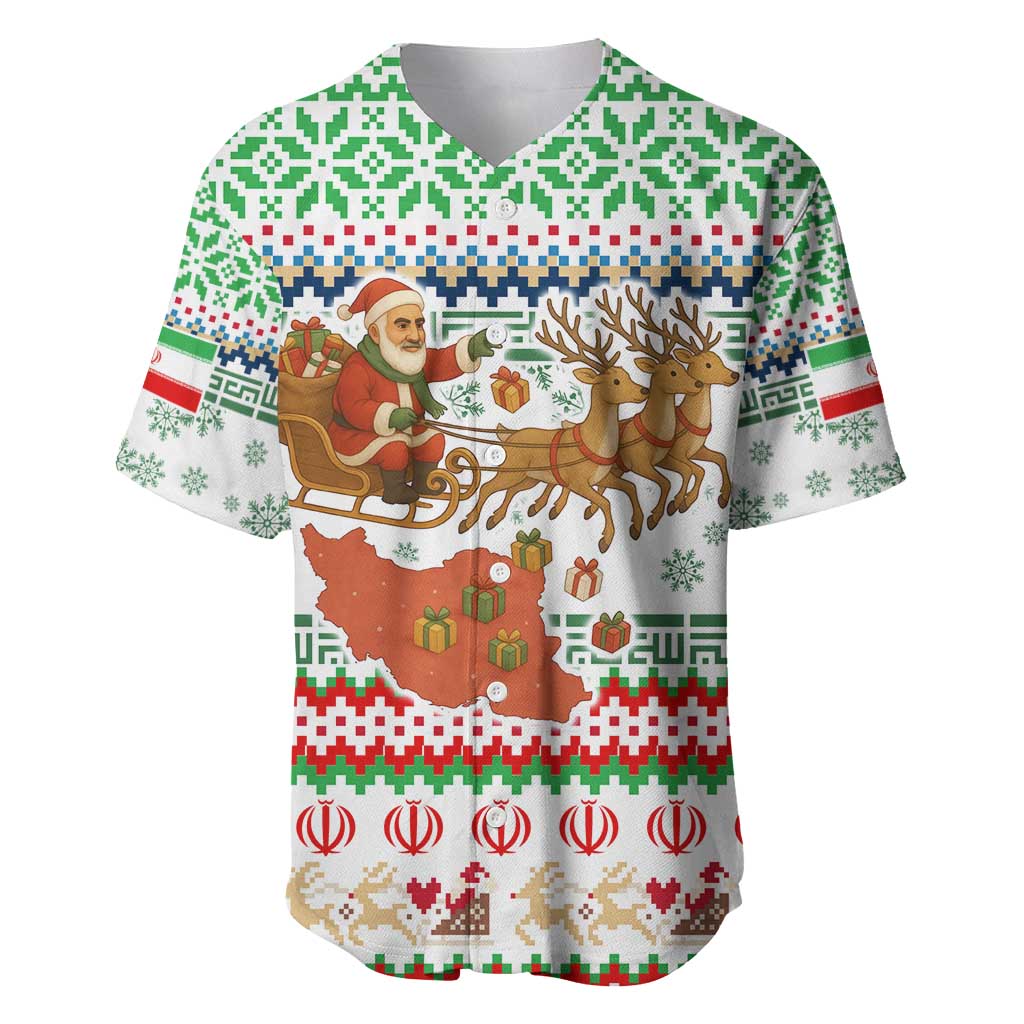 Iran Christmas Baseball Jersey with Santa Sleigh Reindeer Map and Green Red Snowflake Pattern - Wonder Print Shop