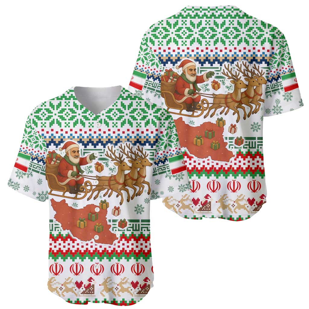 Iran Christmas Baseball Jersey with Santa Sleigh Reindeer Map and Green Red Snowflake Pattern - Wonder Print Shop