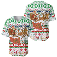 Iran Christmas Baseball Jersey with Santa Sleigh Reindeer Map and Green Red Snowflake Pattern - Wonder Print Shop