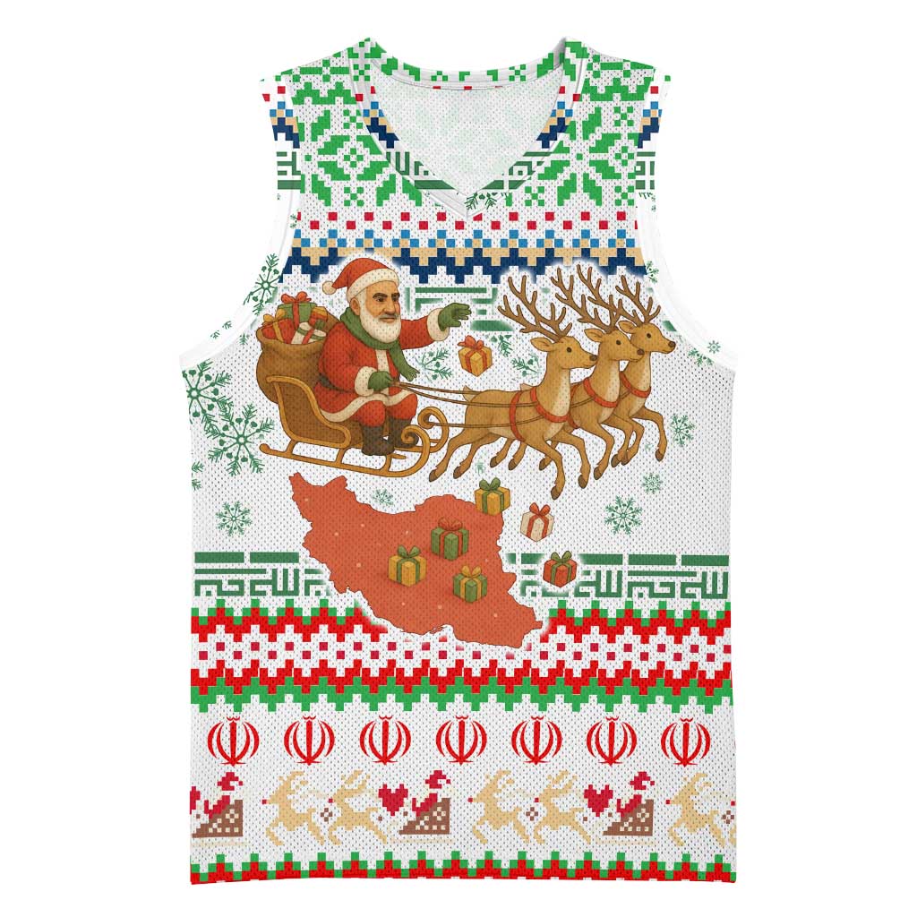 Iran Christmas Basketball Jersey with Santa Sleigh Reindeer Map and Green Red Snowflake Pattern - Wonder Print Shop