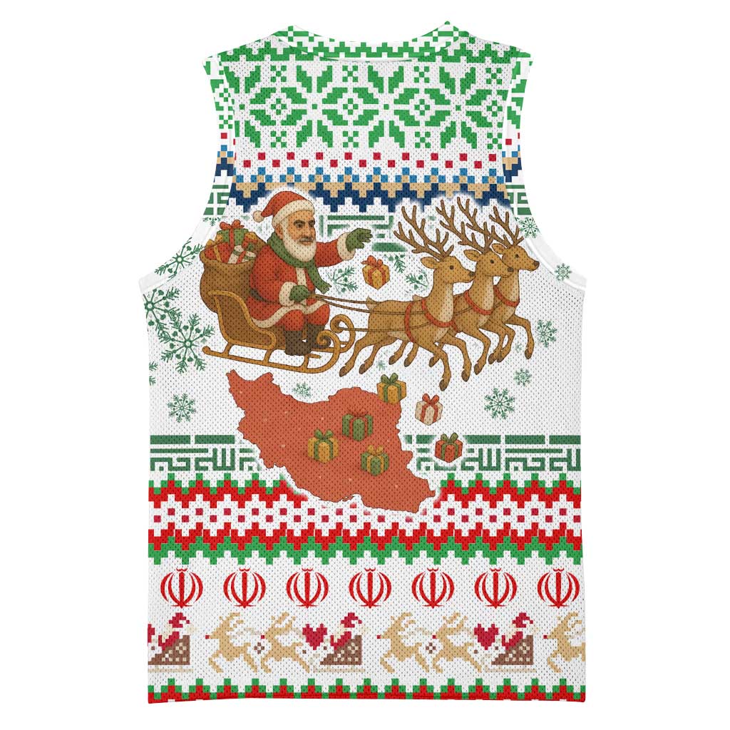 Iran Christmas Basketball Jersey with Santa Sleigh Reindeer Map and Green Red Snowflake Pattern - Wonder Print Shop