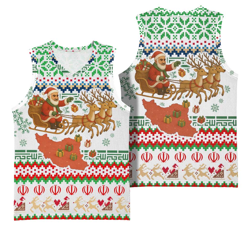 Iran Christmas Basketball Jersey with Santa Sleigh Reindeer Map and Green Red Snowflake Pattern - Wonder Print Shop