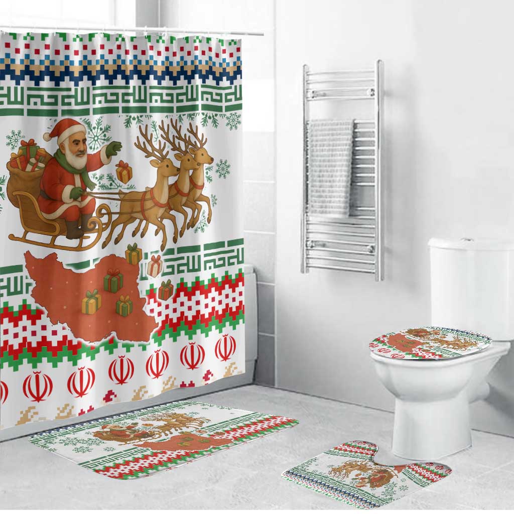 Iran Christmas Bathroom Set with Santa Sleigh Reindeer Map and Green Red Snowflake Pattern - Wonder Print Shop