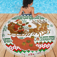 Iran Christmas Beach Blanket with Santa Sleigh Reindeer Map and Green Red Snowflake Pattern - Wonder Print Shop