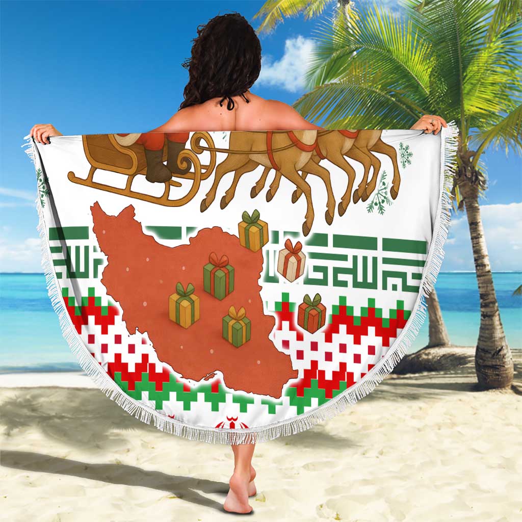 Iran Christmas Beach Blanket with Santa Sleigh Reindeer Map and Green Red Snowflake Pattern - Wonder Print Shop