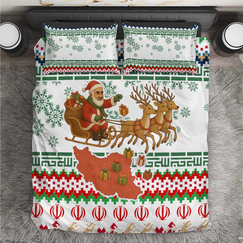 Iran Christmas Bedding Set with Santa Sleigh Reindeer Map and Green Red Snowflake Pattern - Wonder Print Shop