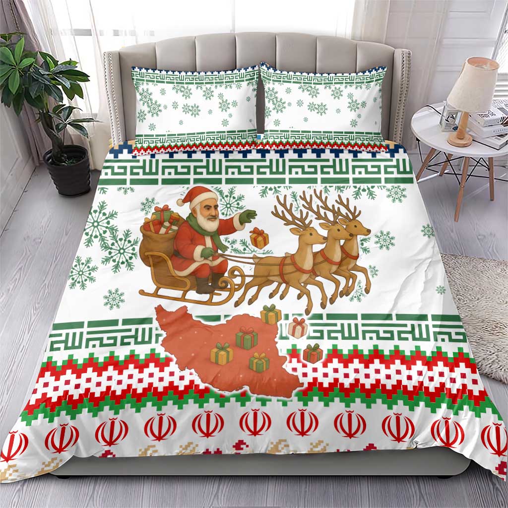 Iran Christmas Bedding Set with Santa Sleigh Reindeer Map and Green Red Snowflake Pattern - Wonder Print Shop