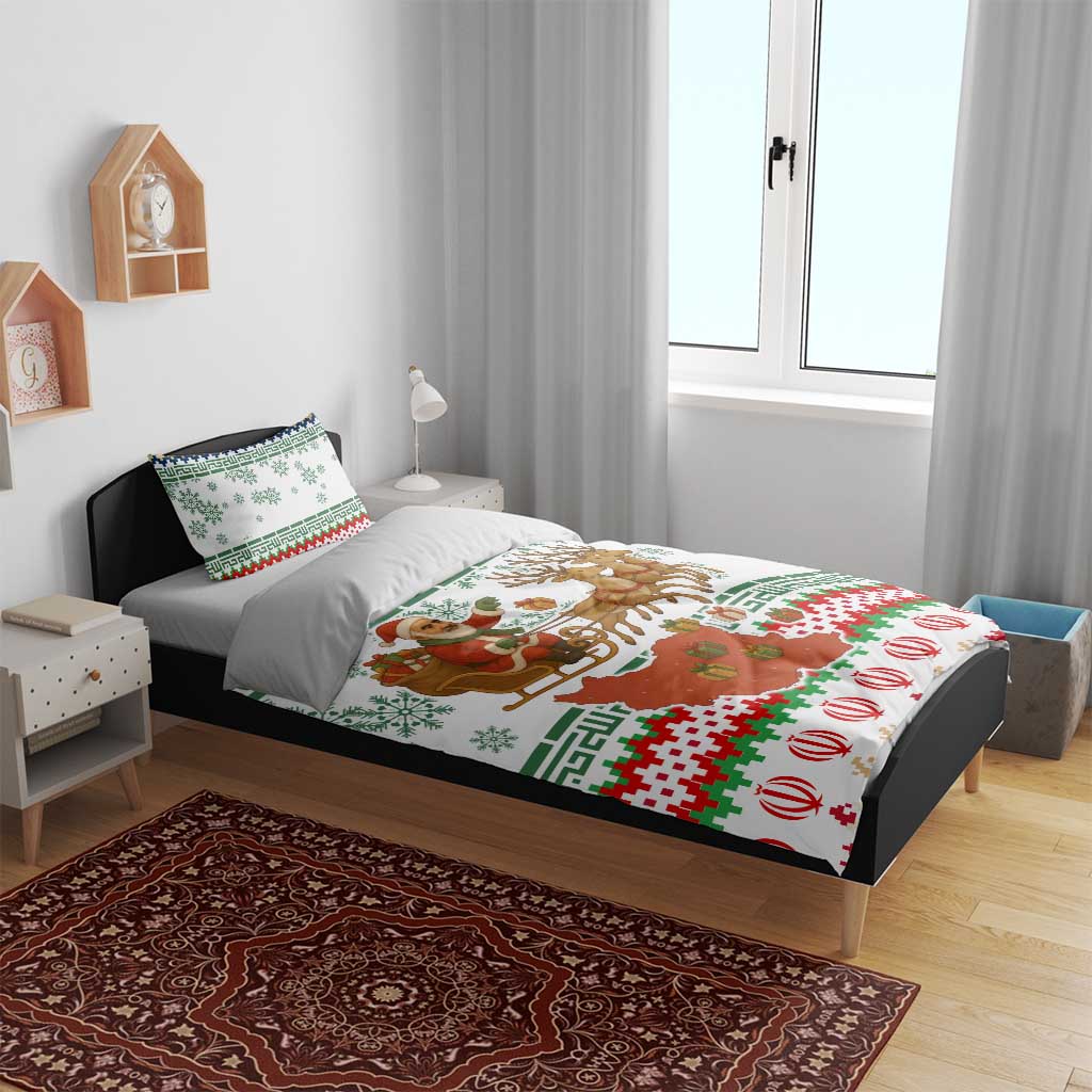 Iran Christmas Bedding Set with Santa Sleigh Reindeer Map and Green Red Snowflake Pattern - Wonder Print Shop