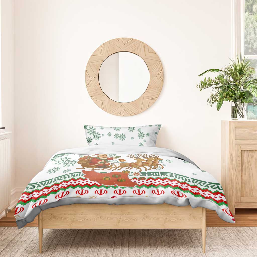 Iran Christmas Bedding Set with Santa Sleigh Reindeer Map and Green Red Snowflake Pattern - Wonder Print Shop