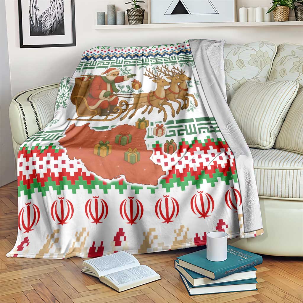 Iran Christmas Blanket with Santa Sleigh Reindeer Map and Green Red Snowflake Pattern - Wonder Print Shop