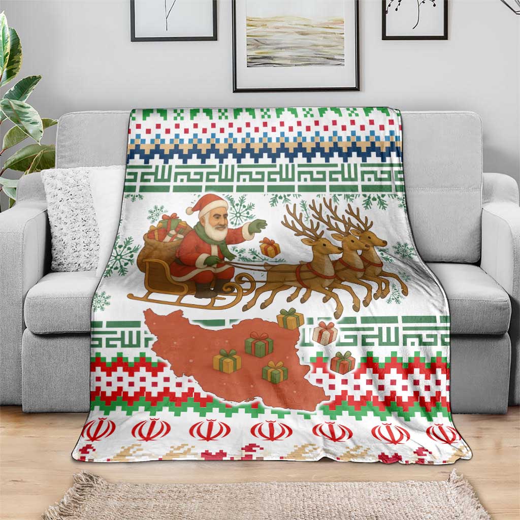 Iran Christmas Blanket with Santa Sleigh Reindeer Map and Green Red Snowflake Pattern - Wonder Print Shop