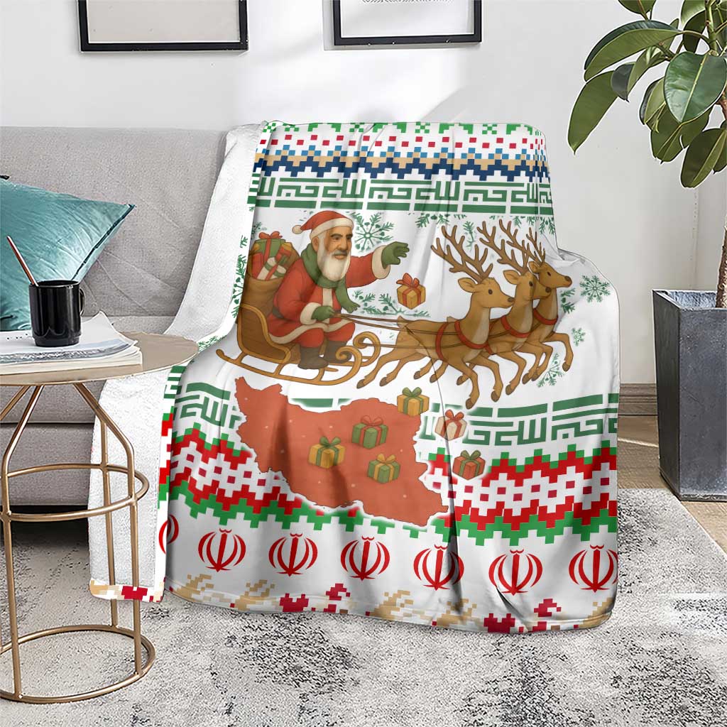 Iran Christmas Blanket with Santa Sleigh Reindeer Map and Green Red Snowflake Pattern - Wonder Print Shop