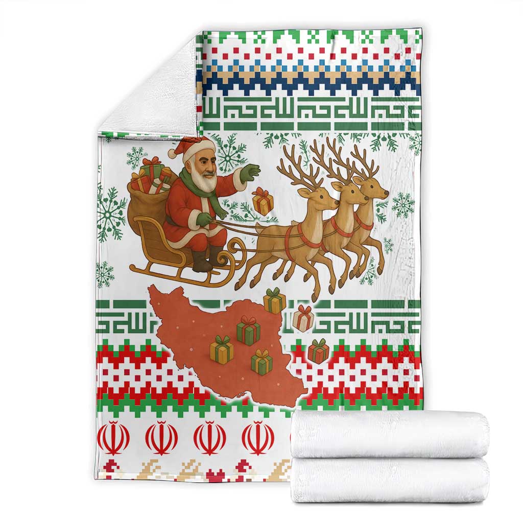 Iran Christmas Blanket with Santa Sleigh Reindeer Map and Green Red Snowflake Pattern - Wonder Print Shop