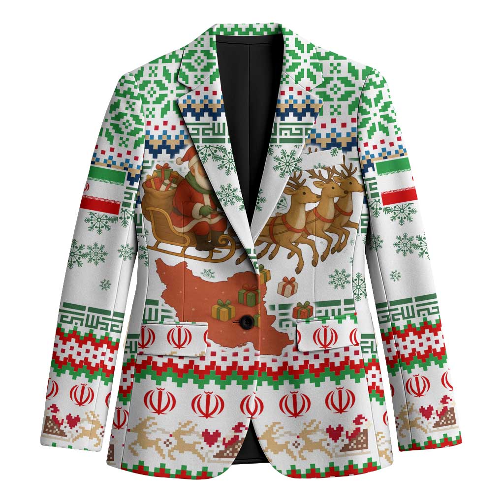 Iran Christmas Blazer with Santa Sleigh Reindeer Map and Green Red Snowflake Pattern - Wonder Print Shop