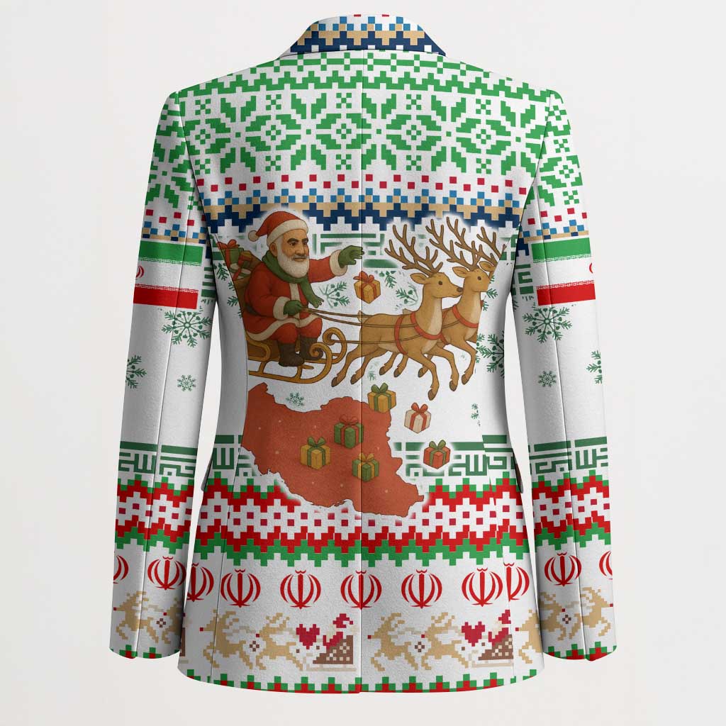 Iran Christmas Blazer with Santa Sleigh Reindeer Map and Green Red Snowflake Pattern - Wonder Print Shop