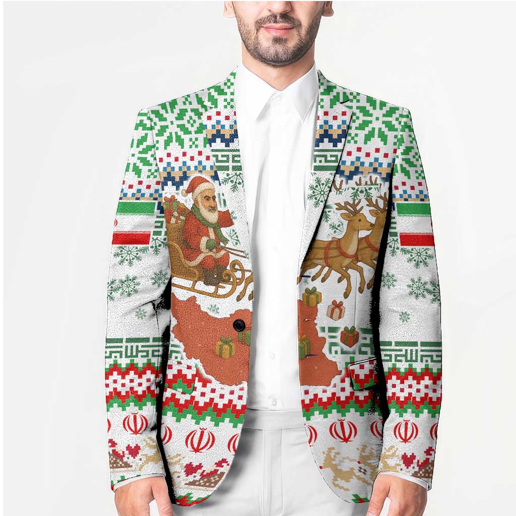 Iran Christmas Blazer with Santa Sleigh Reindeer Map and Green Red Snowflake Pattern - Wonder Print Shop