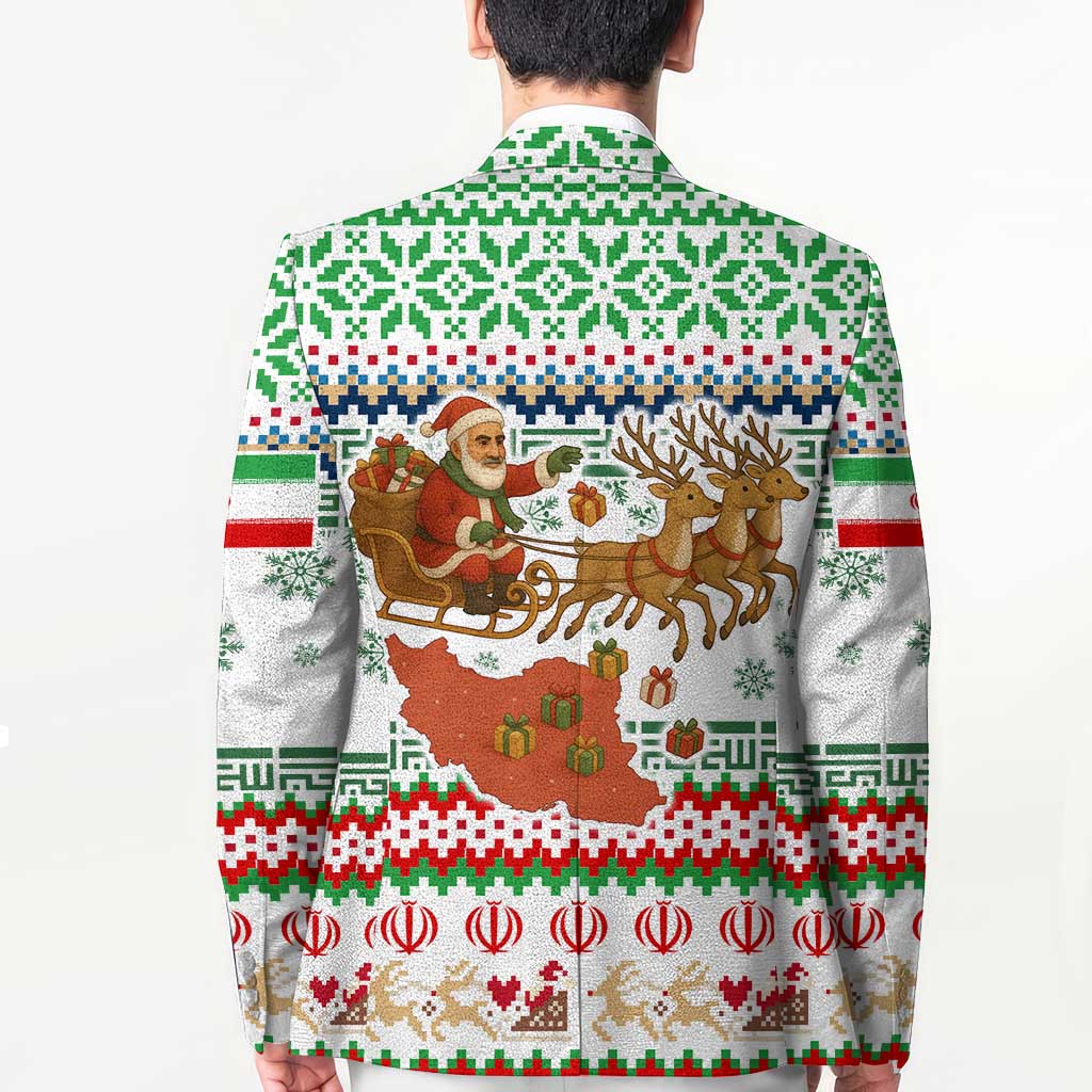 Iran Christmas Blazer with Santa Sleigh Reindeer Map and Green Red Snowflake Pattern - Wonder Print Shop