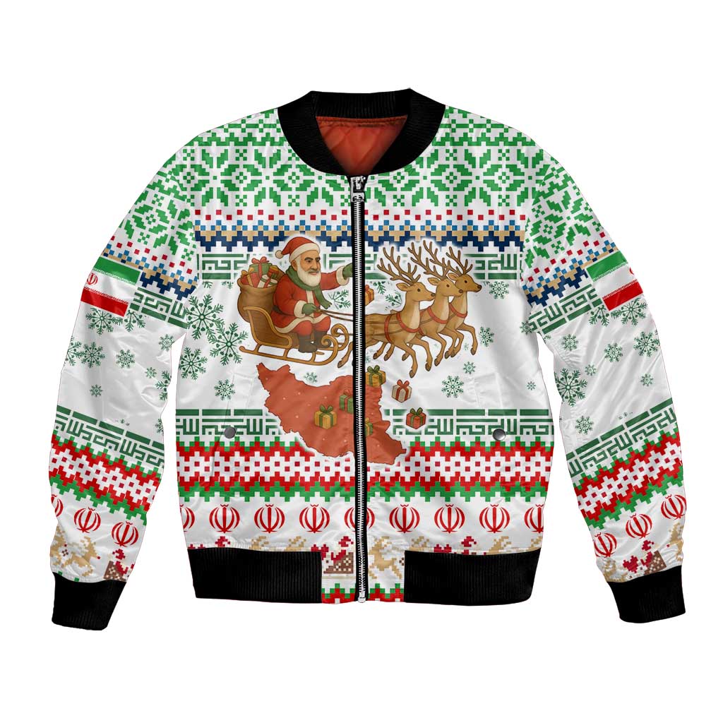 Iran Christmas Bomber Jacket with Santa Sleigh Reindeer Map and Green Red Snowflake Pattern - Wonder Print Shop