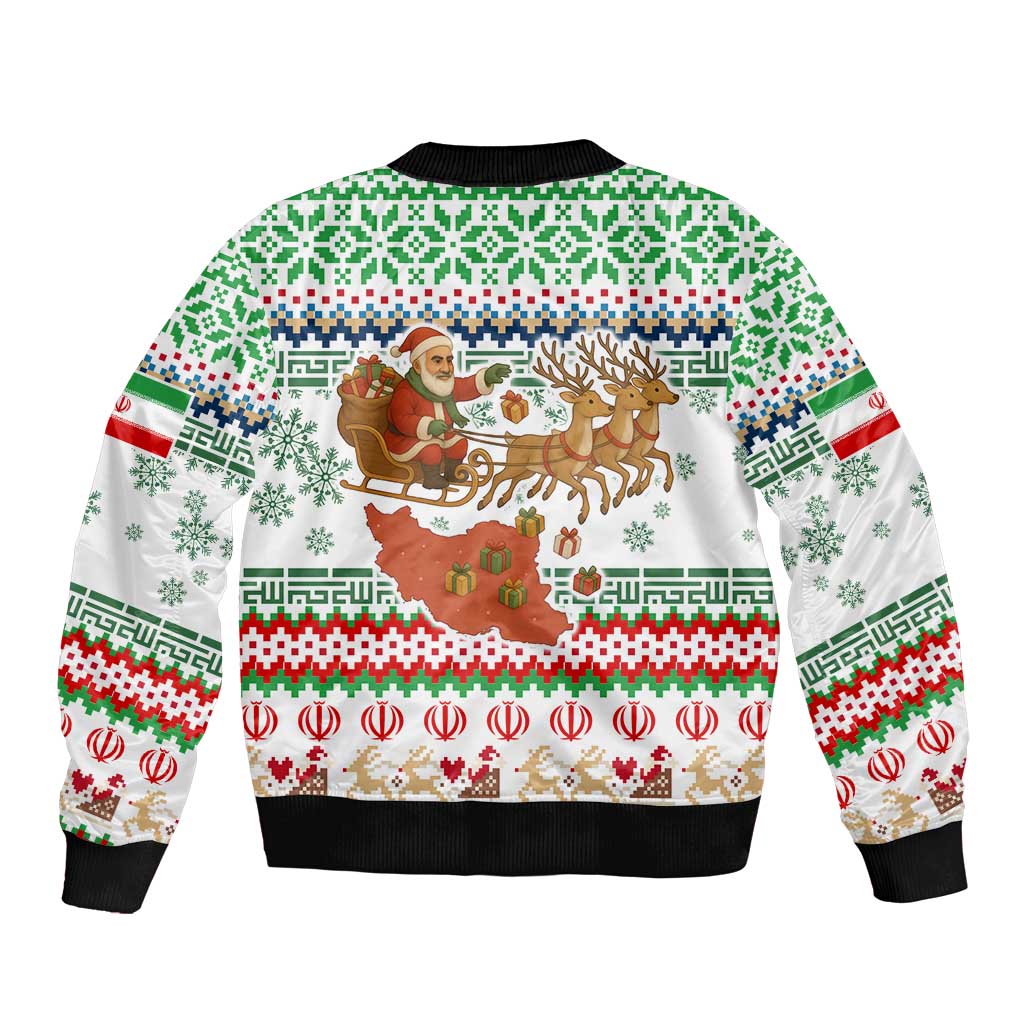 Iran Christmas Bomber Jacket with Santa Sleigh Reindeer Map and Green Red Snowflake Pattern - Wonder Print Shop