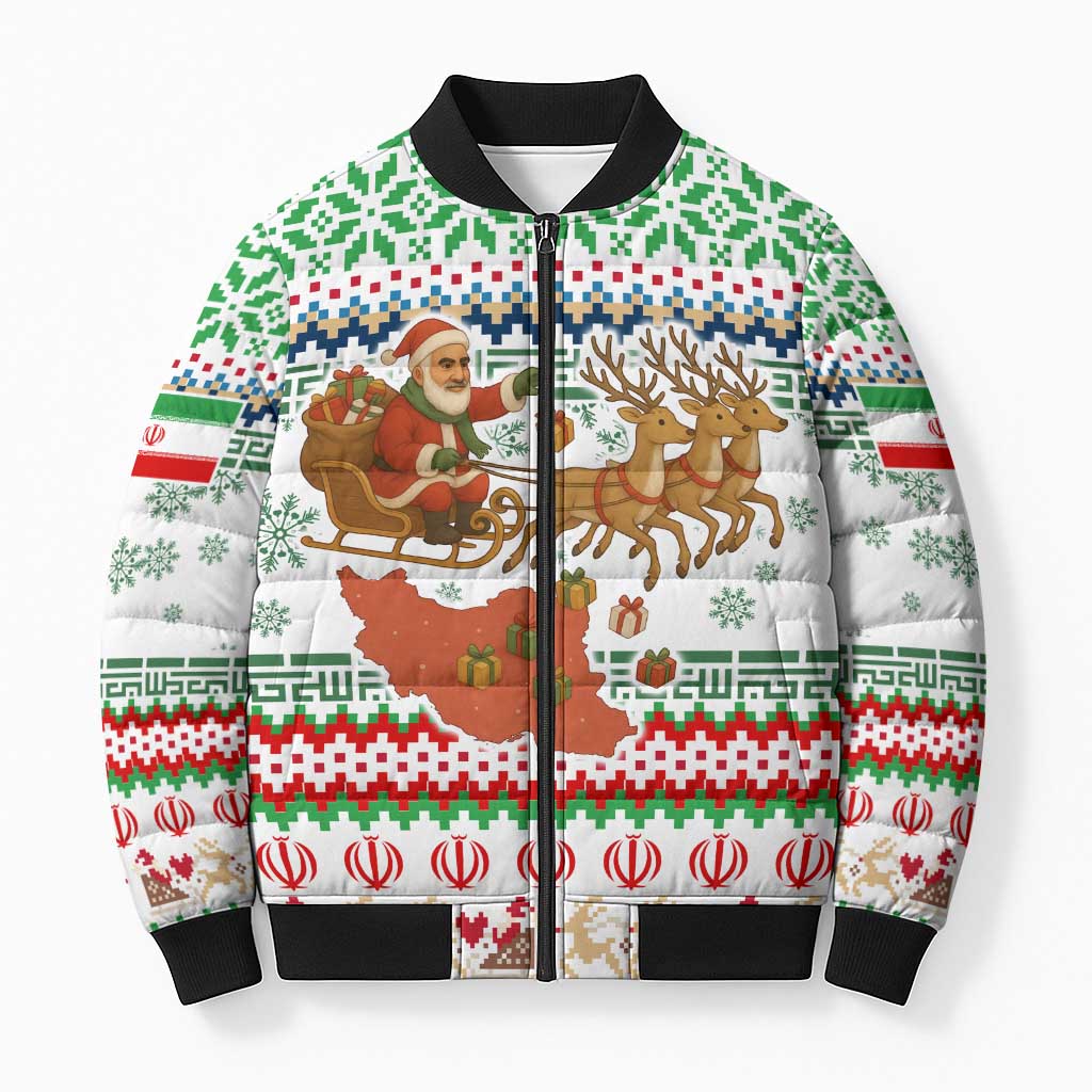 Iran Christmas Bomber Puffer Jacket with Santa Sleigh Reindeer Map and Green Red Snowflake Pattern - Wonder Print Shop