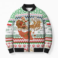 Iran Christmas Bomber Puffer Jacket with Santa Sleigh Reindeer Map and Green Red Snowflake Pattern - Wonder Print Shop