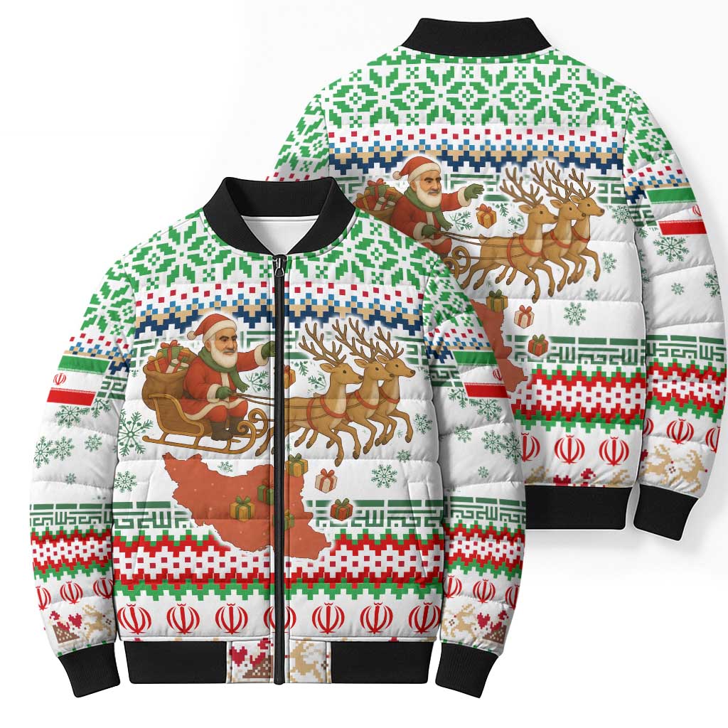 Iran Christmas Bomber Puffer Jacket with Santa Sleigh Reindeer Map and Green Red Snowflake Pattern - Wonder Print Shop