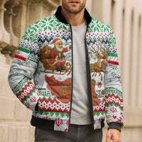 Iran Christmas Bomber Puffer Jacket with Santa Sleigh Reindeer Map and Green Red Snowflake Pattern - Wonder Print Shop