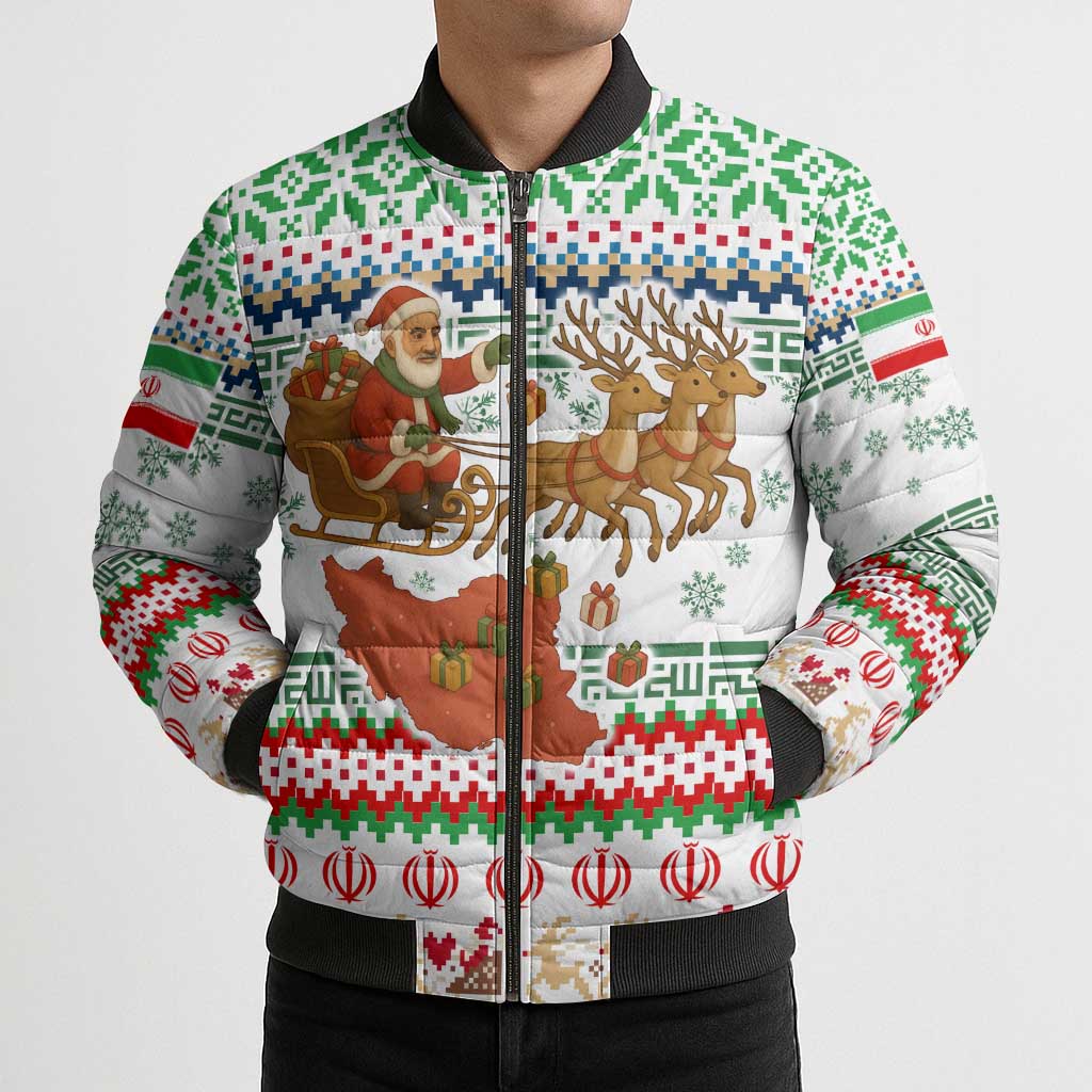 Iran Christmas Bomber Puffer Jacket with Santa Sleigh Reindeer Map and Green Red Snowflake Pattern - Wonder Print Shop