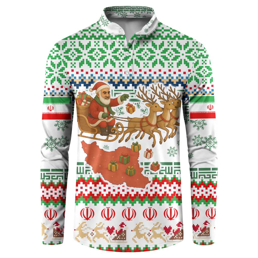 Iran Christmas Button Sweatshirt with Santa Sleigh Reindeer Map and Green Red Snowflake Pattern - Wonder Print Shop