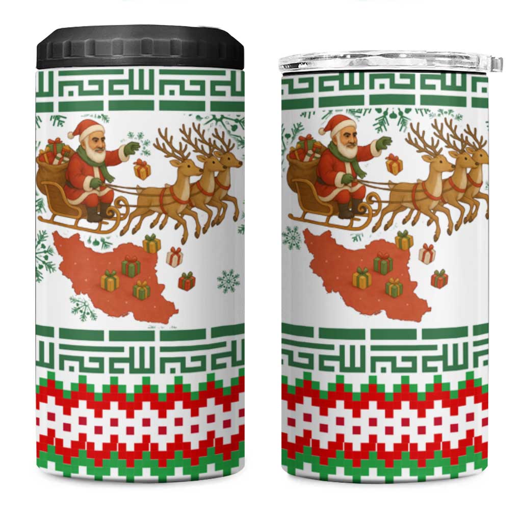 Iran Christmas 4 in 1 Can Cooler Tumbler with Santa Sleigh Reindeer Map and Green Red Snowflake Pattern - Wonder Print Shop