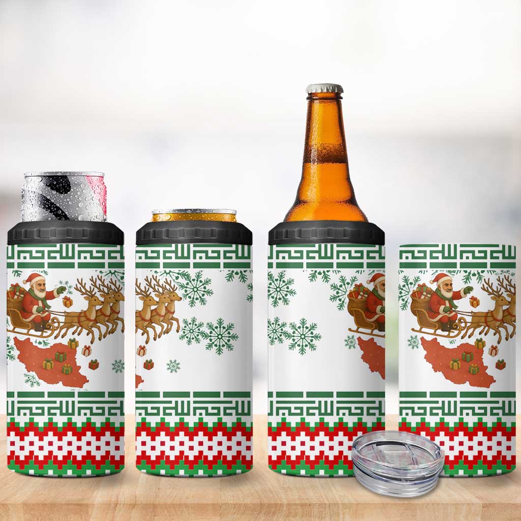 Iran Christmas 4 in 1 Can Cooler Tumbler with Santa Sleigh Reindeer Map and Green Red Snowflake Pattern - Wonder Print Shop