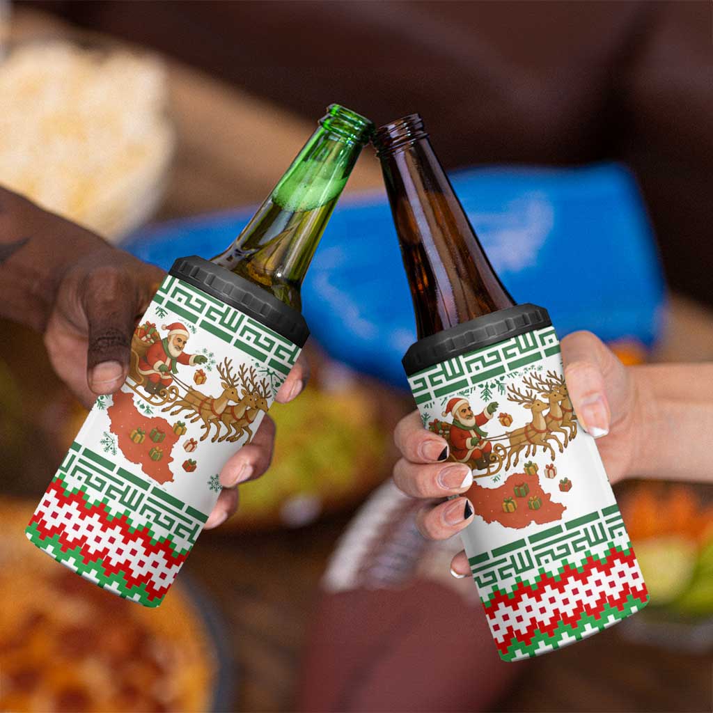 Iran Christmas 4 in 1 Can Cooler Tumbler with Santa Sleigh Reindeer Map and Green Red Snowflake Pattern - Wonder Print Shop