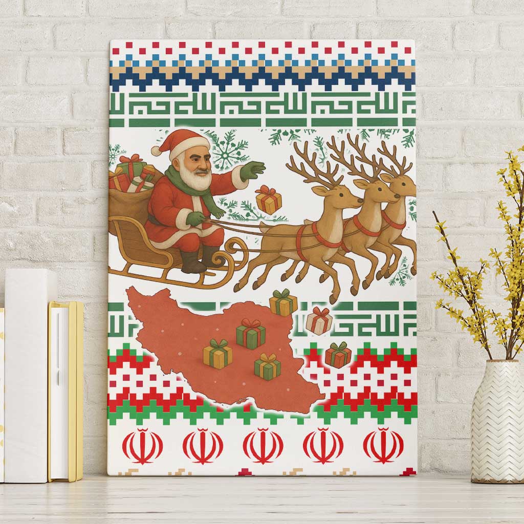 Iran Christmas Canvas Wall Art with Santa Sleigh Reindeer Map and Green Red Snowflake Pattern - Wonder Print Shop