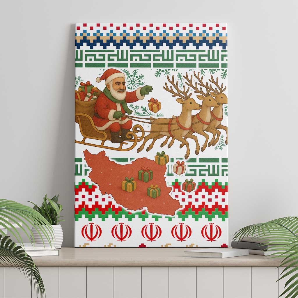 Iran Christmas Canvas Wall Art with Santa Sleigh Reindeer Map and Green Red Snowflake Pattern - Wonder Print Shop
