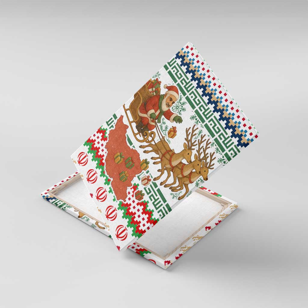 Iran Christmas Canvas Wall Art with Santa Sleigh Reindeer Map and Green Red Snowflake Pattern - Wonder Print Shop