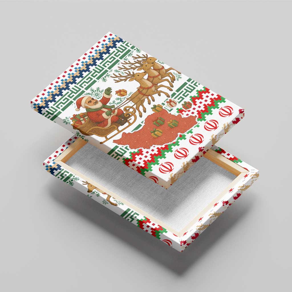 Iran Christmas Canvas Wall Art with Santa Sleigh Reindeer Map and Green Red Snowflake Pattern - Wonder Print Shop