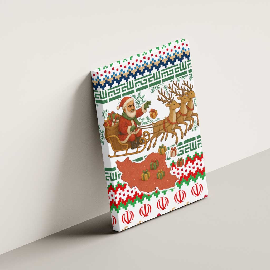 Iran Christmas Canvas Wall Art with Santa Sleigh Reindeer Map and Green Red Snowflake Pattern - Wonder Print Shop
