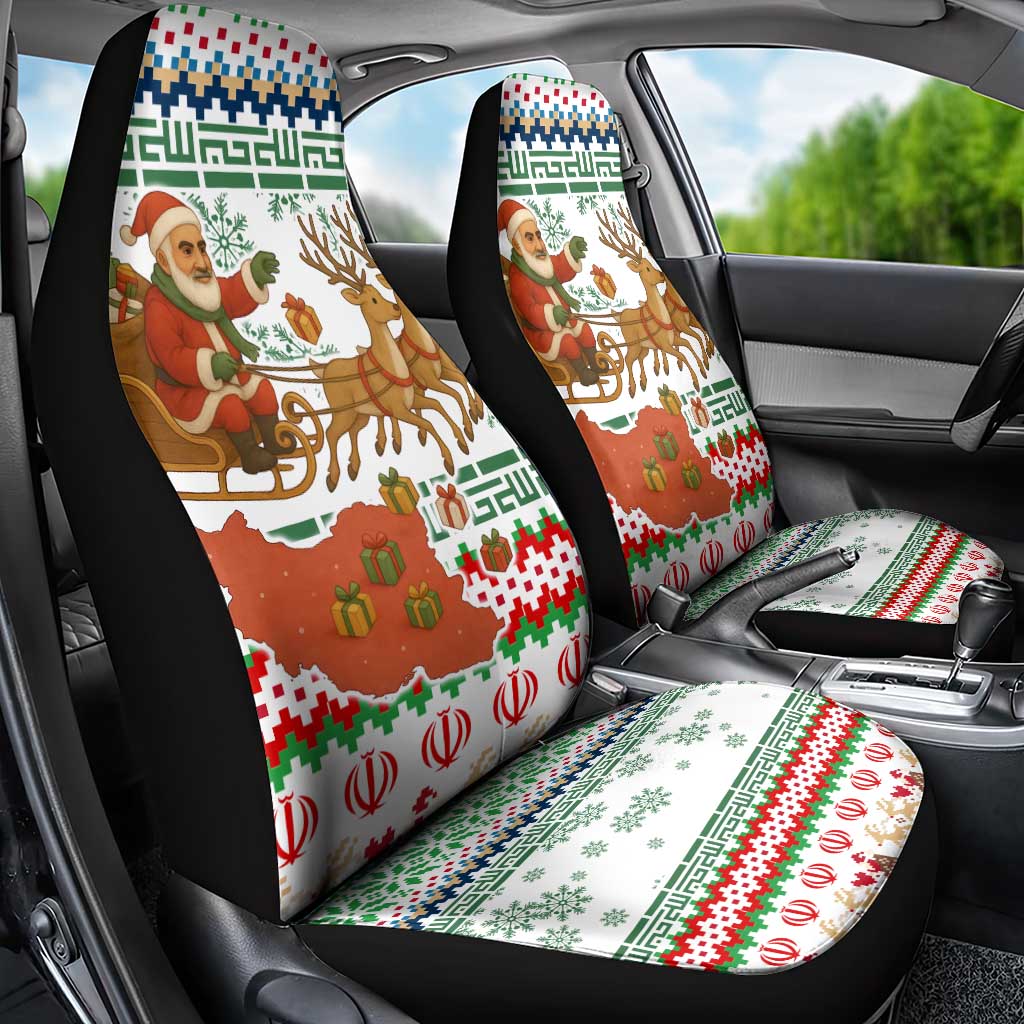 Iran Christmas Car Seat Cover with Santa Sleigh Reindeer Map and Green Red Snowflake Pattern - Wonder Print Shop
