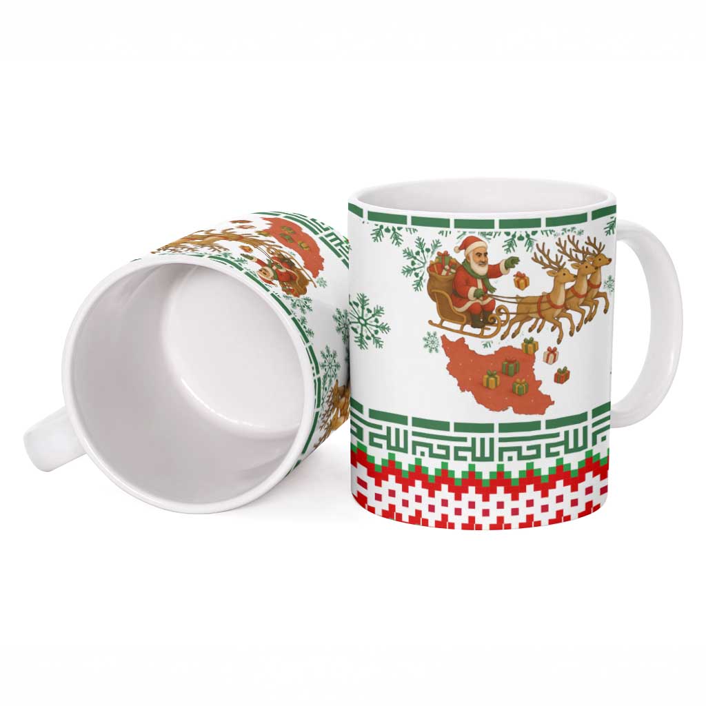 Iran Christmas Ceramic Mug with Santa Sleigh Reindeer Map and Green Red Snowflake Pattern - Wonder Print Shop