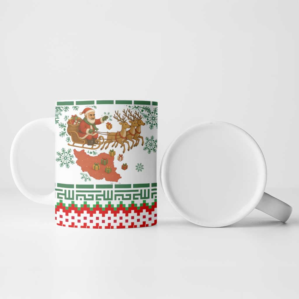 Iran Christmas Ceramic Mug with Santa Sleigh Reindeer Map and Green Red Snowflake Pattern - Wonder Print Shop