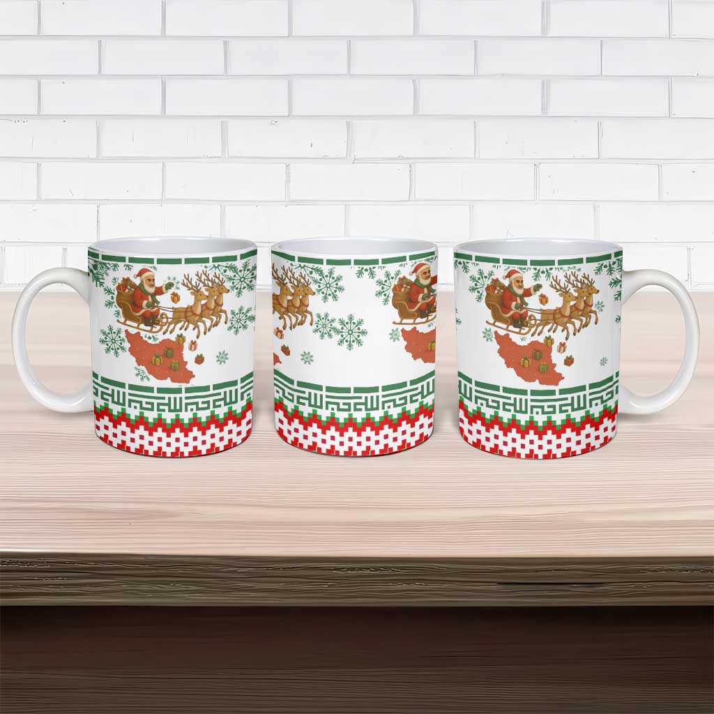 Iran Christmas Ceramic Mug with Santa Sleigh Reindeer Map and Green Red Snowflake Pattern - Wonder Print Shop
