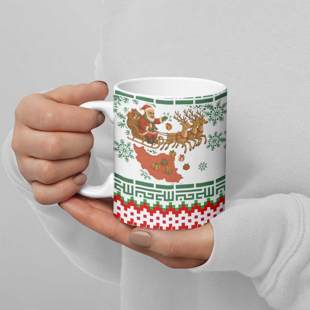 Iran Christmas Ceramic Mug with Santa Sleigh Reindeer Map and Green Red Snowflake Pattern - Wonder Print Shop