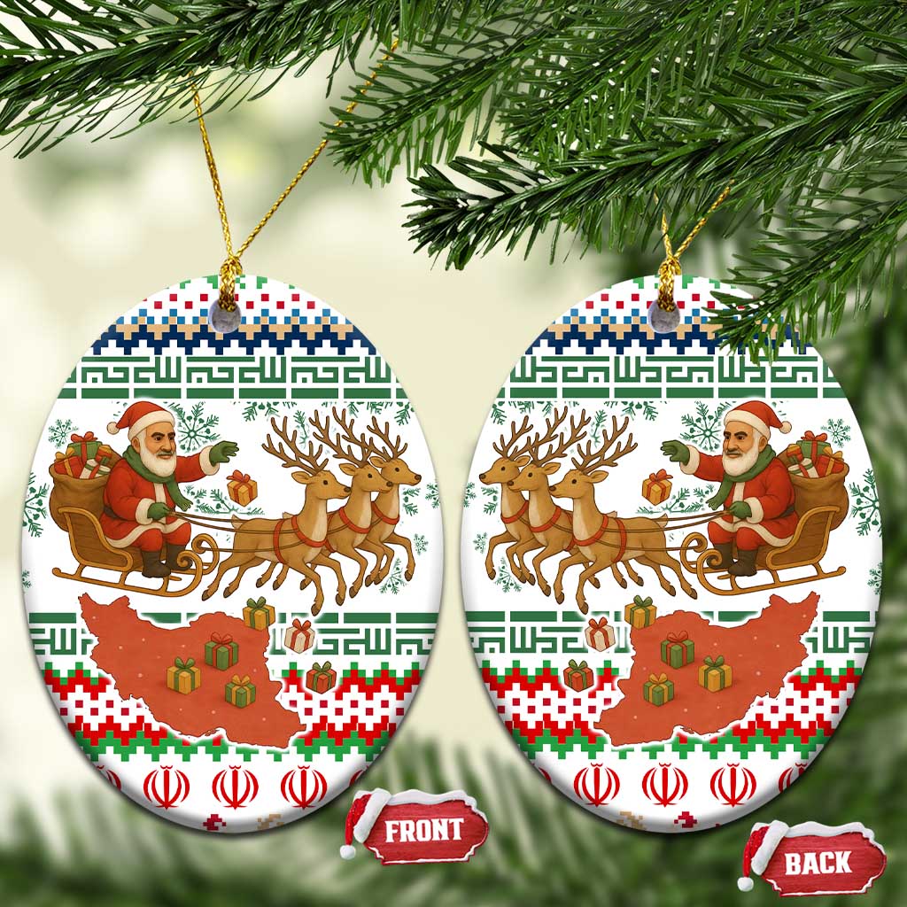Iran Christmas Ceramic Ornament with Santa Sleigh Reindeer Map and Green Red Snowflake Pattern - Wonder Print Shop