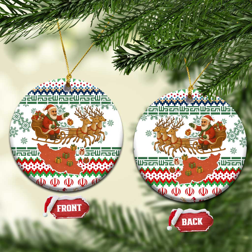 Iran Christmas Ceramic Ornament with Santa Sleigh Reindeer Map and Green Red Snowflake Pattern - Wonder Print Shop