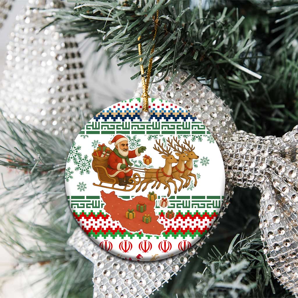 Iran Christmas Ceramic Ornament with Santa Sleigh Reindeer Map and Green Red Snowflake Pattern - Wonder Print Shop