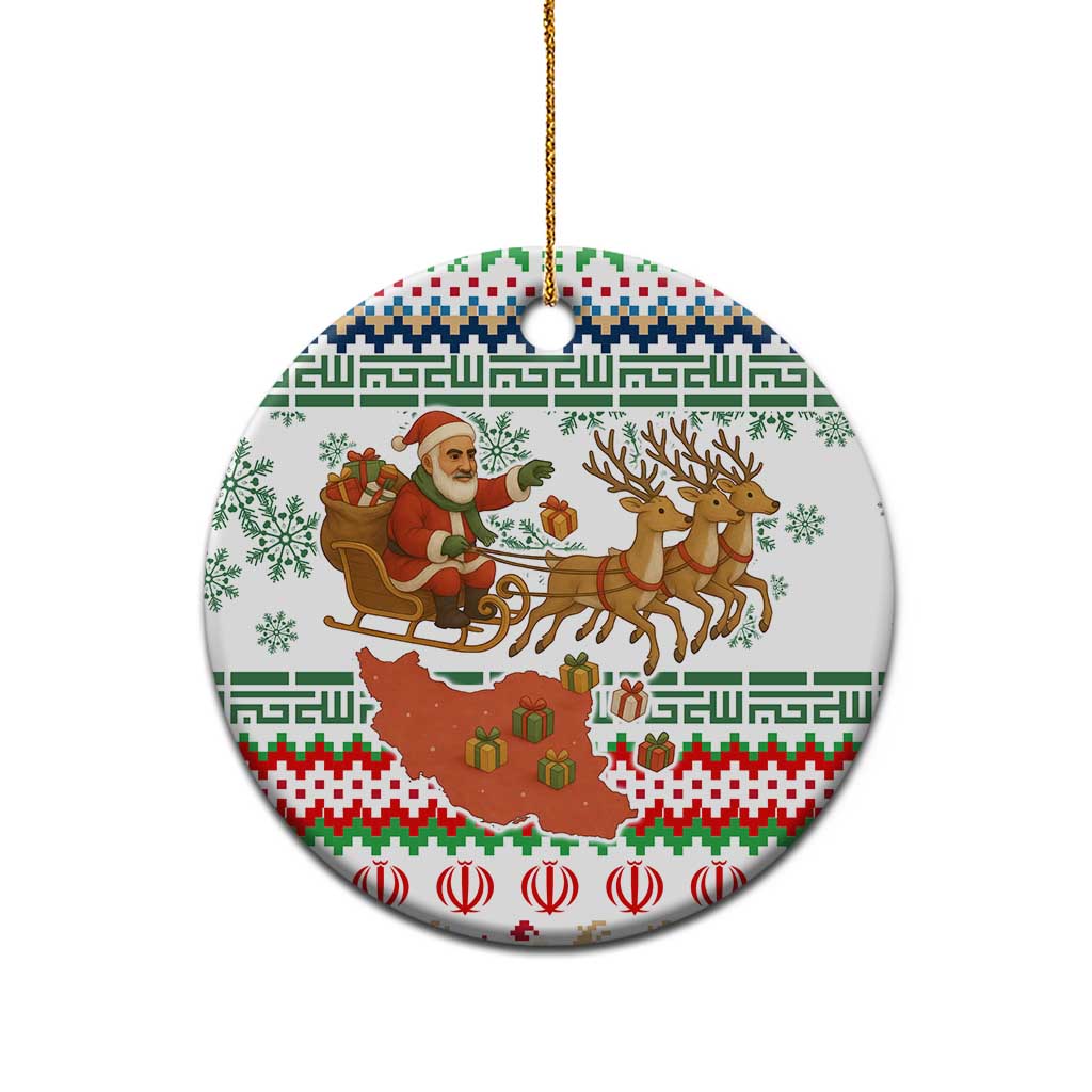 Iran Christmas Ceramic Ornament with Santa Sleigh Reindeer Map and Green Red Snowflake Pattern - Wonder Print Shop