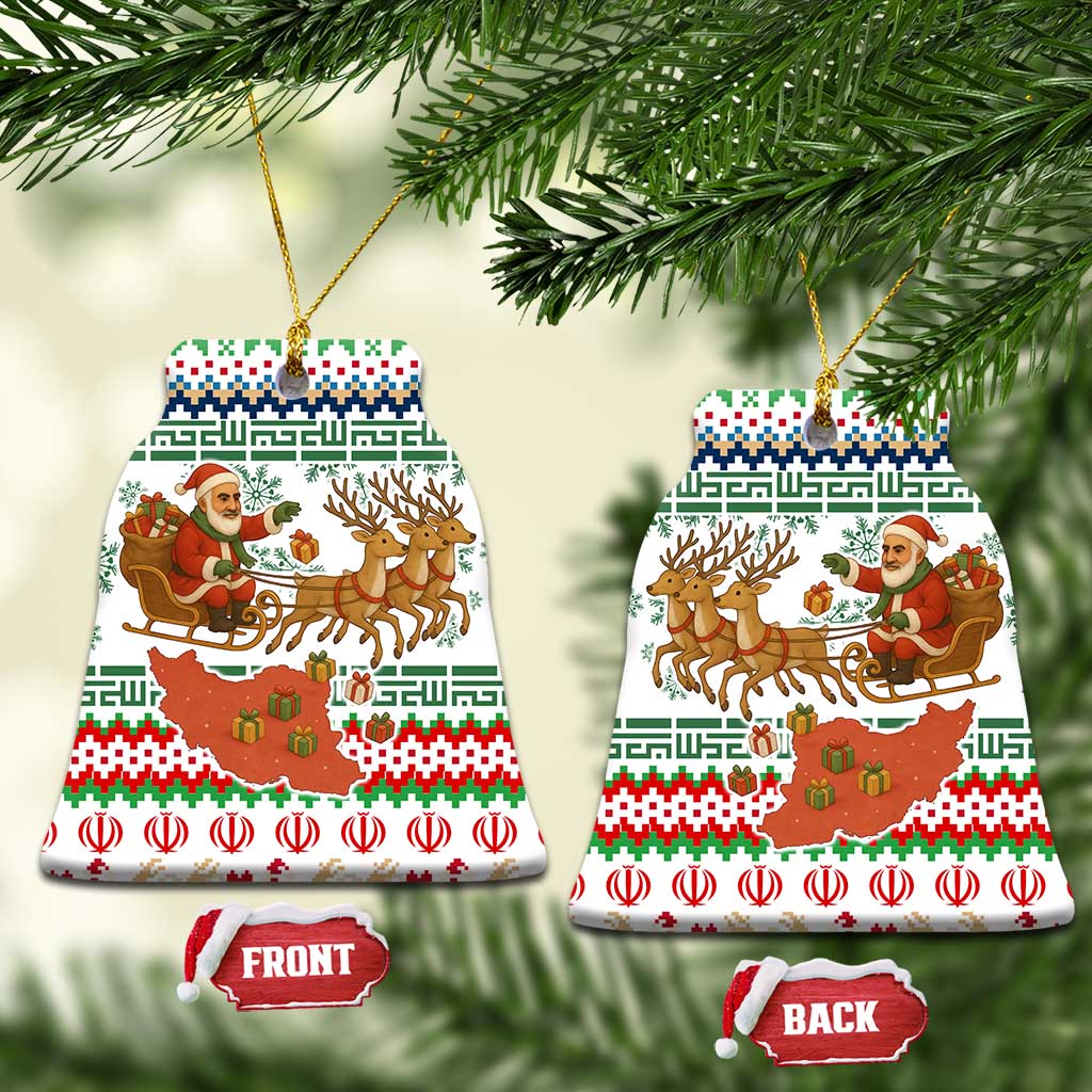 Iran Christmas Ceramic Ornament with Santa Sleigh Reindeer Map and Green Red Snowflake Pattern - Wonder Print Shop