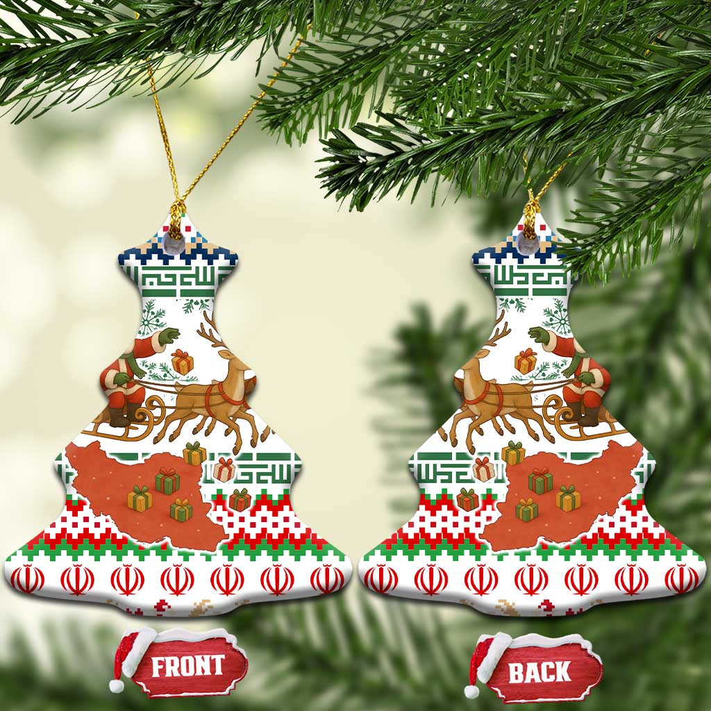 Iran Christmas Ceramic Ornament with Santa Sleigh Reindeer Map and Green Red Snowflake Pattern - Wonder Print Shop