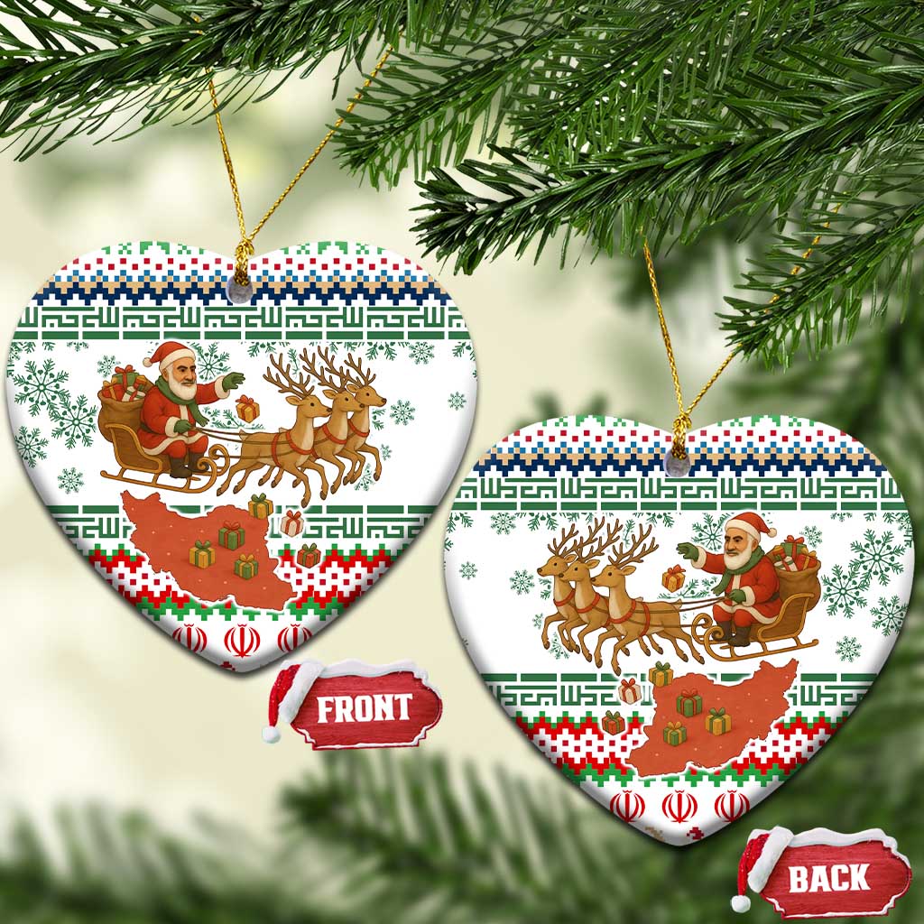 Iran Christmas Ceramic Ornament with Santa Sleigh Reindeer Map and Green Red Snowflake Pattern - Wonder Print Shop