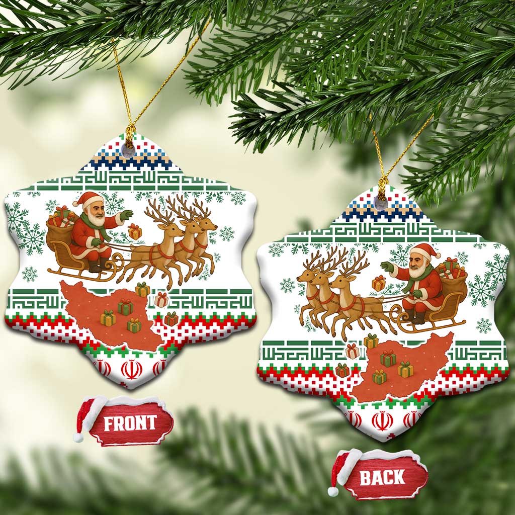 Iran Christmas Ceramic Ornament with Santa Sleigh Reindeer Map and Green Red Snowflake Pattern - Wonder Print Shop